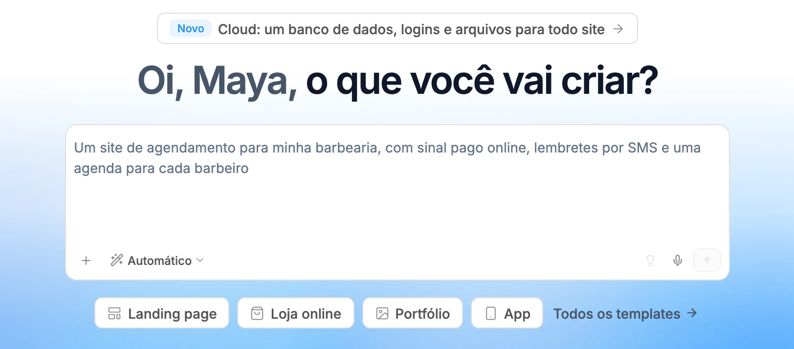 O campo de instruções no painel perguntando o que você vai criar