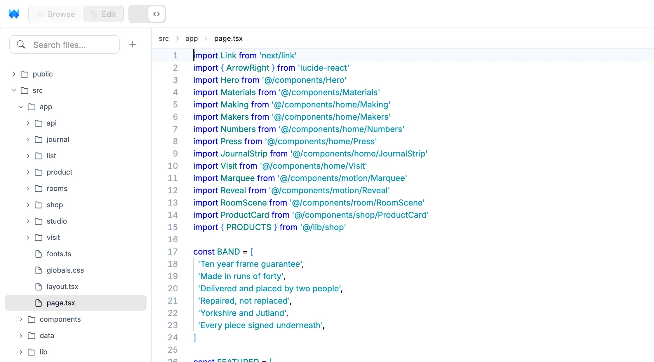 The code editor with the file tree and a page open